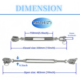 2-PCS 1/2"Jaw & Jaw Turnbuckle,M12 Open Body Turnbuckles 304 Stainless Steel,Heavy Duty Turnbuckles 2200lbs Working Load for Shade Sail,Cable Tightener,Zipline, Boat and Wire Rope Cable Tension