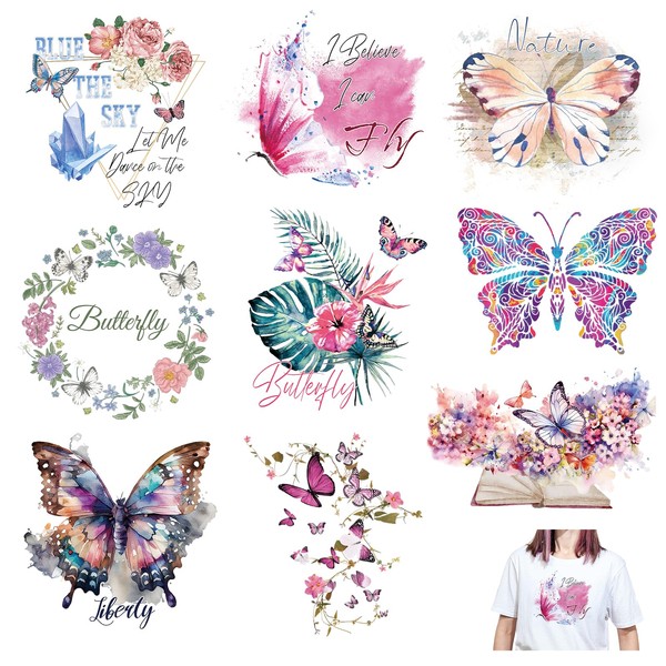 URROMA Butterfly Iron on Patches, 9pcs Colorful Stickers Iron on