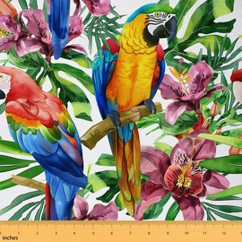 Tela de pájaros coloridos por The Yard, tela de costura tropical de hojas de palma de acuarela para proyectos de bricolaje en el hogar, impresión de flores rústicas para decoración de sofá, silla, recámara, 3 yardas