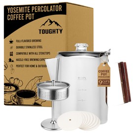 Toughty Yosemite Percolator Coffee Pot – Classic Coffee Percolator Stovetop for Camping & Home – Durable Stainless Steel - Gas, Electric & Induction Stoves – Old-Fashioned Style Pot – Silver – 9 Cups
