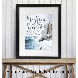 Mightier Than The Waves Is His Love For You - Bible Verse Wall Art - Nautical Beach House, Ocean Home Decoration - Religious Scripture Wall Decor - Christian Gifts - Psalms - Blue Bathroom Decor