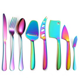 A · HOUSEWARE Rainbow Cheese Knives Silverware Set 8 Pieces include Dinning Knife Fork Spoon Stainless Steel Kitchen Gadget Tool Baking Utensils Multifunctional Durable for Daily Use and Parties