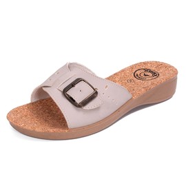 JOMIX Damen Pantoletten Sommer Sandalen mit Verstellbar Schnalle Schlappen Anatomische Fußbett Strandsandalen Leder Sandaletten (ITD2018, Beige, 39 EU)