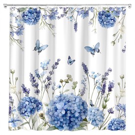 Blue Hydrangea Floral Shower Curtain Watercolor Spring Flower Blossom Green Leaves Butterfly Rustic Nature Plant Farmhouse Seasonal Bath Curtain Fabric Bathroom Accessories Decor with Hooks 70W x70L