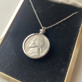 Vintage Coin Necklace New Old Stock 80s Nickel Jefferson 16" Silver Tone