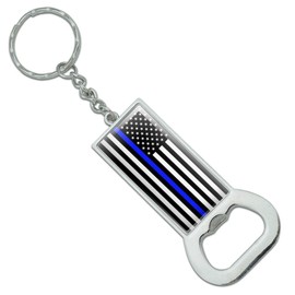 Thin Blue Line American Flag Keychain Rectangle Chrome Plated Metal Bottle Cap Opener