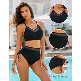 Blooming Jelly Women High Waisted Bikini Sets Tummy Control Swimsuits Full Coverage Modest Swimming Suit (M, Black)