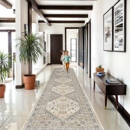 Restydon Washable Runner Rug 2.5x16, Non-Slip Long Kitchen Mats for Floor, Vintage Rug for Entryway, Soft Hallway Runner for Dining Room, Bedroom, Living Room(Beige,2.5'x16')