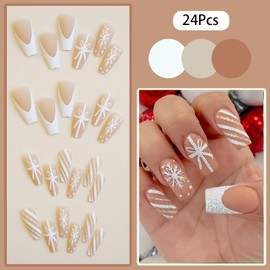 Christmas Press on Nails Medium Fake Nails Matte Glue on Nails Silver Glitter Snowflake Acrylic Nails Sparkly Bow Stripe False Nails Glue on Nails Silver French Tips Stick on Nails for Women 24Pcs