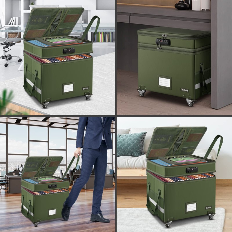 DocSafe File Box with Lock,2-Layer Fireproof Document Box with Wheels,Collapsible
