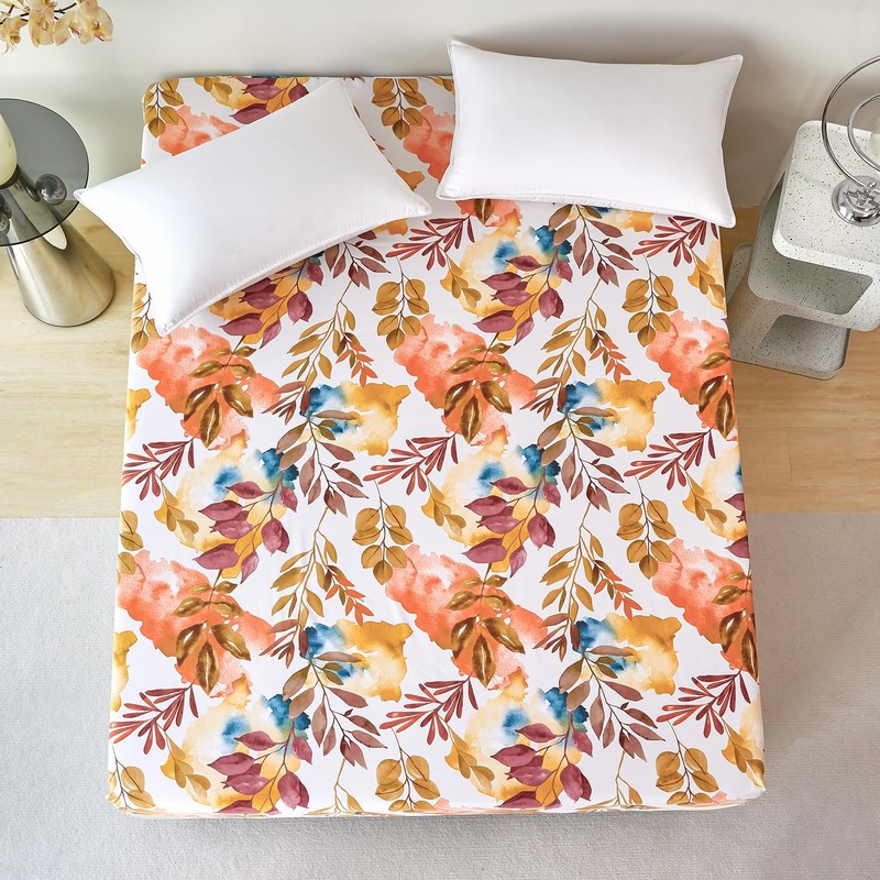 Jemiipee Double Fitted Sheet Mustard Yellow Tropical Leaves Pattern, 30