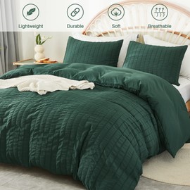 AveLom Dark Green Seersucker Duvet Cover Set Full Size (80 x 90 inches), 3 Pieces (1 Duvet Cover + 2 Pillow Cases), Ultra Soft Washed Microfiber, Textured Duvet Cover with Zipper Closure, Corner Ties