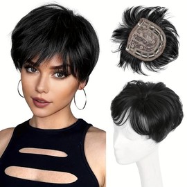 Hair Toppers for Women Short Hair Topper with Bangs Pixie Thining Hair Fluffy Pixie Hair for Women with Bangs Synthetic Hair Pieces for Thinning Hair Side Part Hair Toppers Rose Net 5x6 Inch for Women Daily Use Loose Wave Wig Artificial Wig:_9/171#