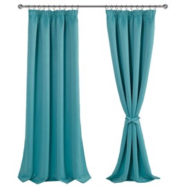 JIUZHEN Curtains with Ruffle Tape, Blackout Curtains, Opaque Curtains, Living Room Curtains, Bedroom, Thermal Curtain, Turquoise, H 245 x W 140 cm, Set of 2