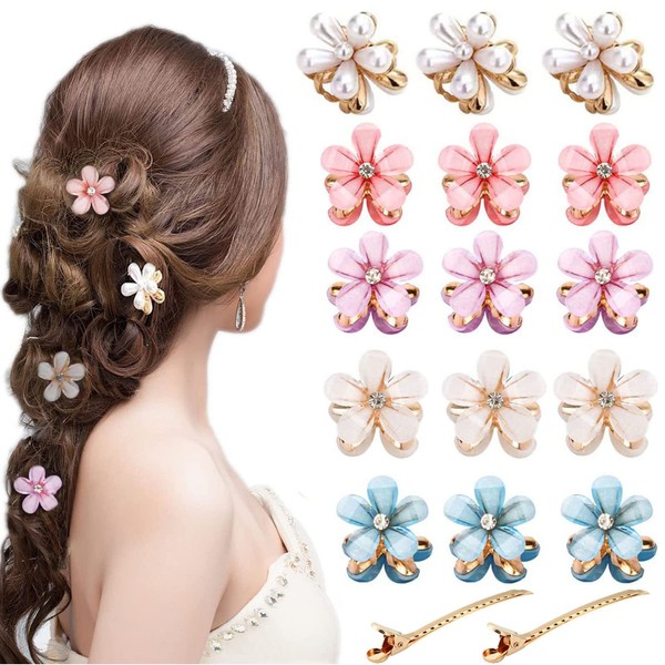 Small Hair Clips,Pearl Mini Hair Claw Clips Mini Flower Crystal Claw Clip,with Flower Design,Retro Hair Clips with Daisy Flower,Cute Small Hair Clip,Non-Slip Flower Girl Hair Accessories for Women Girls Hair Decoration (17pcs Color)