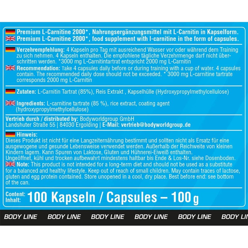 BWG Premium L-Carnitine 2000 - 3000 mg for Daily Dosing
