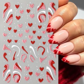 6 Sheets Heart Love Nail Art Stickers Glitter Shiny Love Nail Decals 3D Self-Adhesive Pink Red Glitter Line Nail Design Pink Silver Shinning Love Heart Nail Supplies for Women Girl Manicure Decoration