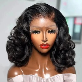 200% Density Short Bob Body Wave 13x4 Transparent Lace Front Wigs Brazilian 100% Human Hair 4x4 Lace Frontal Closure Wig 14 Inchstyle: Body Wave, color: Natural color, stretched length: 12 inches, Lace Size: 13x4
