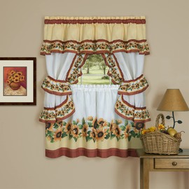 Printed Cottage Window Curtain Set - 57 Inch Width, 36 Inch Length - Black Eyed Susan - Polyester Soft Window Treatment Include Valance, Attached Swaggers, Tiebacks & Two Tiers by Achim Home Decor