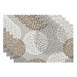 QIYI Boho Placemats Set of 4, 12x18 Inch Linen Fabric Place Mats for Kitchen Dinning, Farmhouse Rustic Floral Cloth Table Mats, Washable Placemat Party Table Décor, Brown Floral Burst