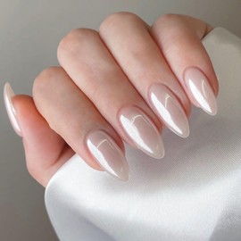 Press on Nails Medium Almond MABKJLF Fake Nails Flash White Full Cover Glue on Nails Glossy False Nails with Nail Glue Clear White Acrylic Nails Manicure Artificial Nails for Women Girls 24Pcs