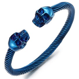 Unique Elastic Adjustable Men Blue Skull Cuff Bangle Stainless Steel Twisted Cable Bracelet Polished(CA)