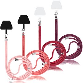 4 Pieces Universal Cell Phone Lanyards with Adjustable Detachable Nylon Neck Crossbody Lanyard and 4 Pieces Black and Transparent Pads for Most Smartphones (Red Color Series)