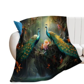 Peacock Blanket Beautiful Birds Throw Blanket Cozy Plush Fleece Flannel Flower Blankets Lightweight Fuzzy Gifts for Girls Boys Women Men 50"X40"