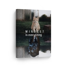 Smile Art Design Mindset is Everyting Brown Cat and Tiger Reflection Motivational Wall Art Canvas Print Inspirational Entrepreneur Quote Office Living Room Decor Gift Ready to Hang 36x24