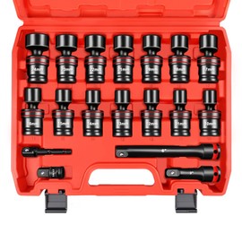WETT 18-Piece 1/2" Drive Shallow Impact Universal Joint Socket Set, Metric Swivel Socket Set (10-24mm), Flexible Wobble Sockets with 3", 6" Extension Bar, Adapter, 6 Point
