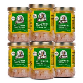 Season Yellowfin Tuna Fillets in Olive Oil - Wild Caught, Hand-Packed in Glass Jars, 16g of Protein per Serving, Premium Quality - 6.7 Oz (Pack of 6)