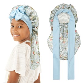 Monopa Kids Long Hair Bonnet for Sleeping - Double Layer Girls Elastic Satin Bonnet with Tie Band for Braid Curly Hair (Blue Flower+Beige)