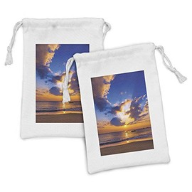 Lunarable Coastal Fabric Pouch Set of 2, Colorful Sunset Reflection over Ocean in the Evening Horizon Romantic Scene Image, Small Drawstring Bag for Toiletries Masks and Favors, 9" x 6", Orange Blue