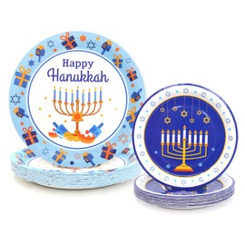 ceiba tree 48Pcs Hanukkah Paper Plates 24 Pcs 9" Disposable Paper Dinner Plates 24 PCS 7" Dessert Plates Chanukah Dinnerware Set for 24 Guests Happy Hanukkah Party Supplies