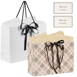 2Pcs Medium Gift Bags for Present,Birthday Gift Bag with Wrappers and Foil Stamped Cards,Bow Gift Bags with Handles Portable Party Bags for Wedding Party Christmas Valentines（Beige, Grey)