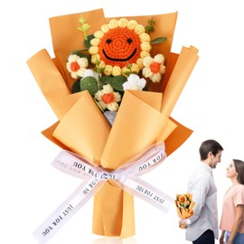 Handmade Crochet Flower Bouquet, Knitted Smile Sunflower Artificial Floral Arrangement Beginners Crochet Kit for Adults, Kids, Bouquet Crochet Flower Kit for Mother’s Day, Birthday, Anniversary