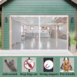 Magnetic Garage Door Screen White Mesh Net Curtain, Pets Friendly, Retractable Fiberglass Doors Cover Closure for Carport Patio sunroom Balcony Porch Gazebo Backyard Greenhouse RV (White, for 8x8ft)