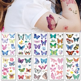 Butterfly Tattoos, Colorful Fake Butterfly and Flower Temporary Face Tattoo for Women Men Kids, 10-Sheet