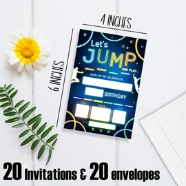 FRRCREU Let's Jump And Play Birthday Invitations, 20 Pcs Double Sided Glow Trampoline Invites With Envelopes For Boys Girls Teens Birthday Celebration,Party Favor And Supplies - A04