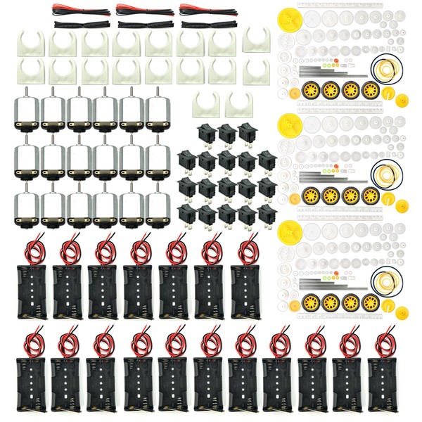 EUDAX 18 Set DC Motors Kit,Mini Electric 1.5-3V 24000RPM Hobby Motor with 252Pcs Plastic Gears,2 x AA Battery Holder ,Wires for STEM DIY Toy