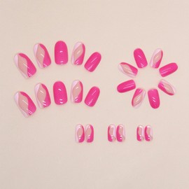 Hot Pink Press on Nails Medium Almond Fake Nails Glossy False Nails with Design Swirl Glue on Nails Full Cover Acrylic Stick on Nails Cute Artificial Nails for Women Girls Manicure 24Pcs