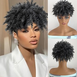 Mayouda Short Omber Grey Headband Wig for Black Women with Bangs Head-Wrap Wigs 2 in 1 Ombre Afro Puff Wig Synthetic Half Wigs (Heibu-Grey)