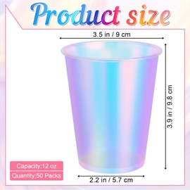 50 Pcs Frosted Plastic Cups, 12 OZ Thickened Disposable Iridescent Cup Holographic Rainbow Beverage Cups for Wedding, Mermaid Party, Camping, Birthday