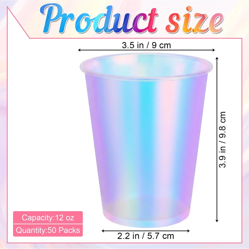 50 Pcs Frosted Plastic Cups, 12 OZ Thickened Disposable Iridescent