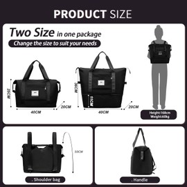 FIORETTO Womens Expandable Gym Tote Bag Duffle Bag with Wet Pocket, Travel Bag Weekend Overnight Bags with Double Shoulder Strap, Water-resistant Carry On Bag Hospital Holdalls for Women Black