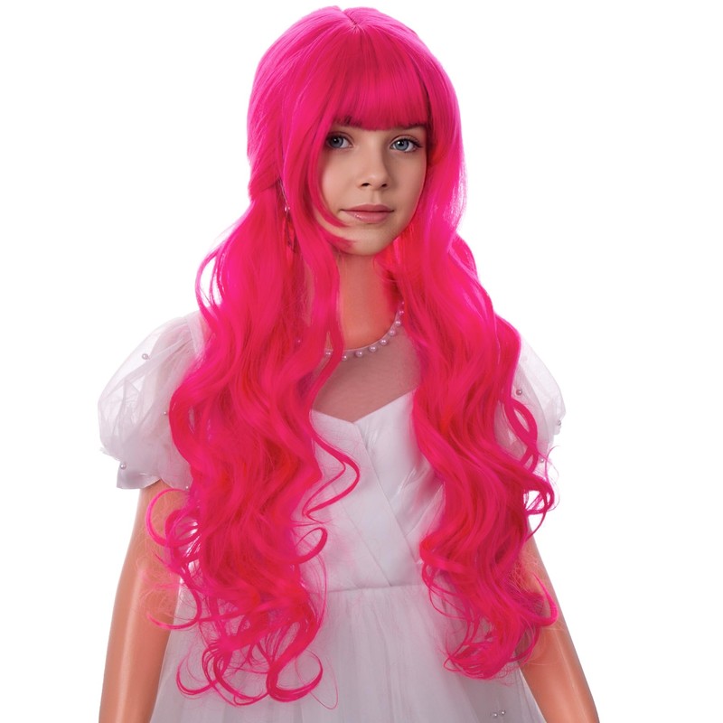 Kids Hot Pink Wig Girls Long Pink Curly Wigs with