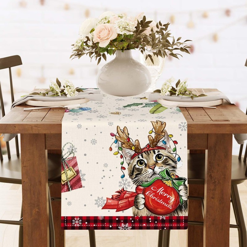 Christmas Reindeer Cat Table Runner, Holly Snowflake Farmhouse Xmas Decor