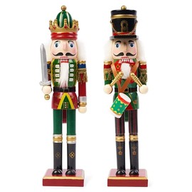 KAHEIGN 2Pcs Wooden Nutcracker Soldiers, 2 Style 30CM Christmas Traditional Nutcracker Figures Premium Pine Wood Painted Soldier for Home Fireplace Christmas Tree Party Decoration (Drum & Sword)