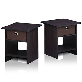 Furinno 2-10004DWN Dario End Table/Night Stand Storage Shelf with Bin Drawer, 2-Pack, Dark Walnut