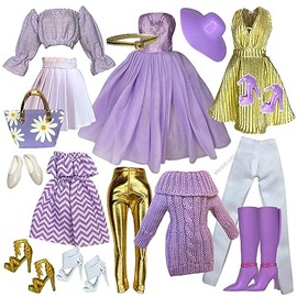 Eledoll Clothes Deluxe Fashion Pack for 11.5 inch - 12 inch Fashion Doll Purple Gold Set Lilly